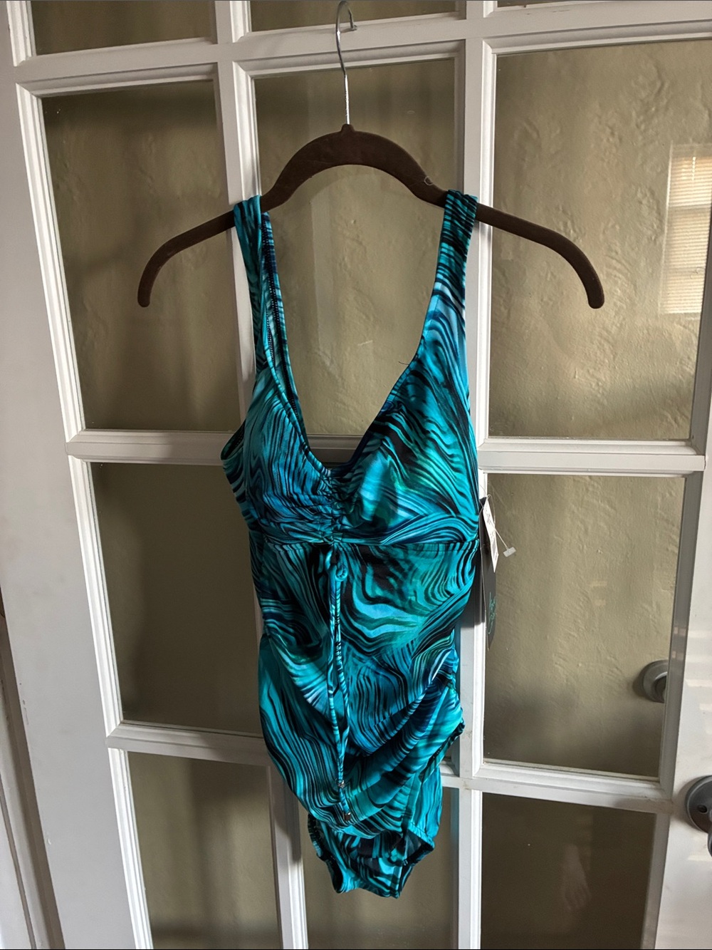Woman’s Teal Wave-Print One-Piece Swimsuit Medium 8/10 New - Picture 2 of 8